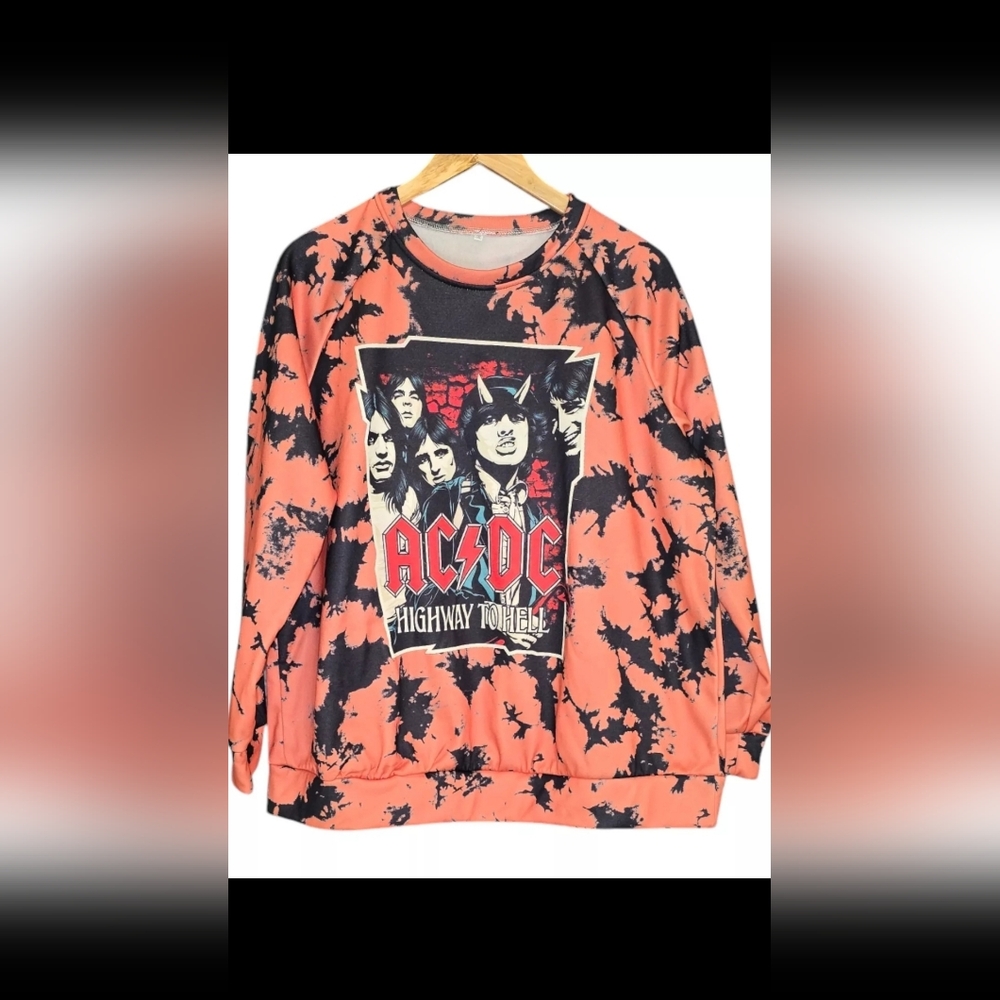 AC/DC Hwy To Hell Sweat Shirt Black & Coral Bleach Print Affect Unisex 1xl